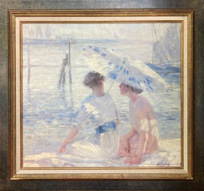 painting of two women sitting on the beach under an umbrella
