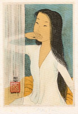 tableau représentant une femme appuyée contre le rebord d'une fenêtre, la main sous le menton
