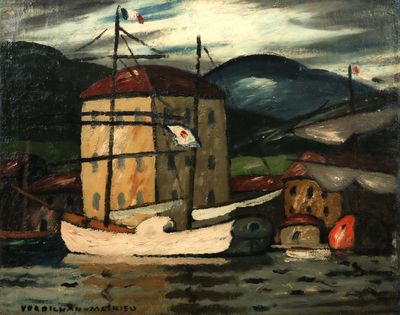 a painting of a boat in the water with a mountain in the background