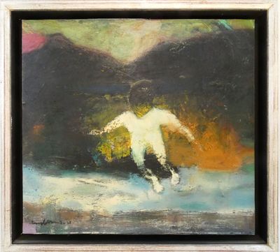 une peinture à l'huile représentant une personne sur une planche de surf dans l'eau