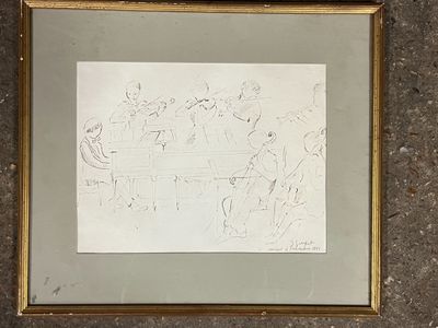 framed drawing of a drawing of a city with a clock