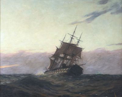 une image représentant un tableau d'un bateau au milieu d'un plan d'eau