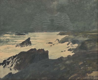 une image représentant un tableau d'une plage rocheuse avec des vagues qui déferlent