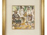 an image of a painting of a group of people sitting on a bench