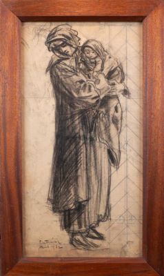 un vieux dessin représentant une femme tenant un enfant dans ses bras