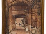 an oil painting of a street scene with people walking under an archway