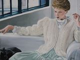 a painting of a woman sitting on a couch next to a cat