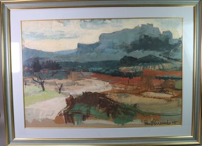 l'image d'un tableau représentant un paysage avec des montagnes en arrière-plan