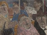 un tableau représentant un groupe de personnes assises dans un bus