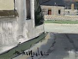 a painting of a street with a building in the background