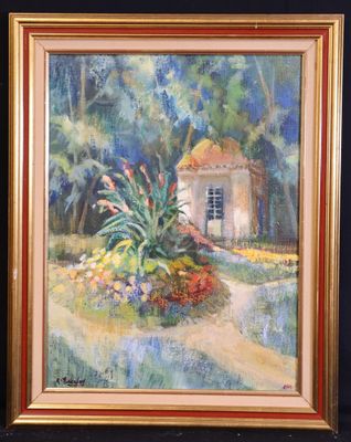 un tableau représentant une maison dans un jardin avec des fleurs et des arbres