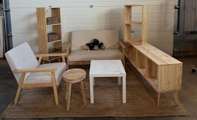 un salon avec un canapé, un fauteuil, une table basse et une bibliothèque