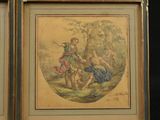 pair of antique watercolor paintings of children playing in a wooded setting