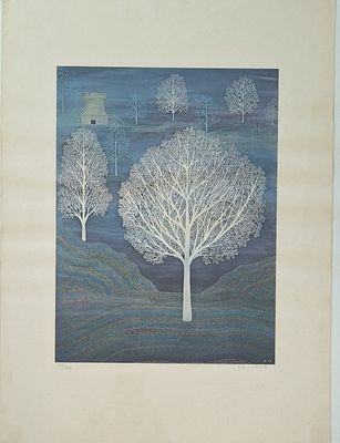une photo d'un tableau représentant un arbre au milieu d'un champ