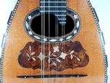 a close up of a guitar that is on display