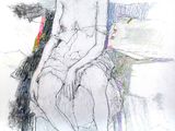 drawing of a woman sitting on a bench with a bird perched on her arm