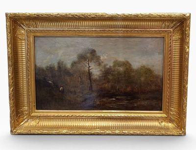 une peinture d'un paysage avec des arbres et une rivière au premier plan