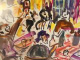 un tableau représentant un groupe de personnes dans un lieu bondé