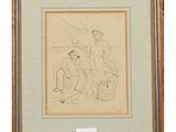a drawing of a man and a woman sitting on a bench