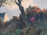 a painting of a house and trees on a hill