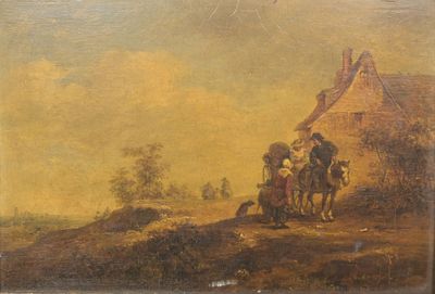 an old painting of people on a horse drawn carriage in front of a house