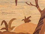 a picture of a wooden wall with birds flying around it