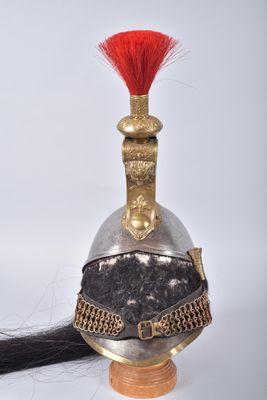 a helmet with a red feather on top of it