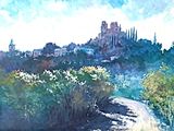une aquarelle représentant une route avec un château en arrière-plan