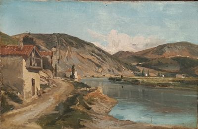 painting of a view of a village with a river and mountains in the background