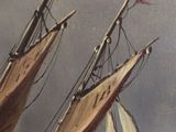 painting of two sailboats in the ocean with a cloudy sky in the background