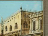 a picture of a painting of a building with a clock on it