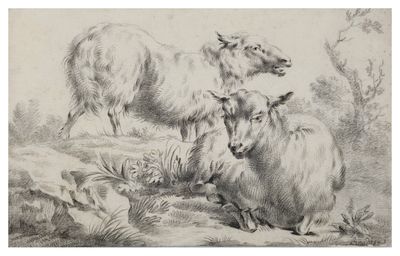 drawing of sheep and lambs in a landscape by a stream