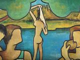 a painting of three people standing in front of a lake