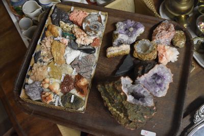 a tray with a variety of rocks on it on a table