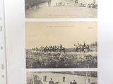 three pictures of people riding horses on the road