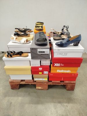 une pile de chaussures posée sur une palette dans un entrepôt