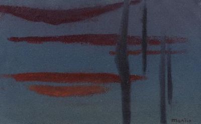 an image of a painting of a blue sky with red clouds