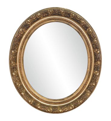 a round mirror with a gold frame on a white background
