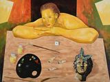 un tableau représentant une femme allongée sur une table, à côté d'un autre tableau