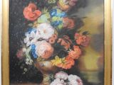 a painting of flowers in a vase on a table