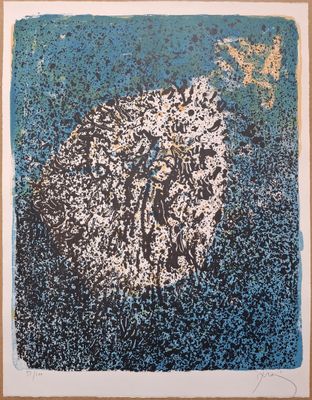 a blue and white painting of a sheep on a blue background