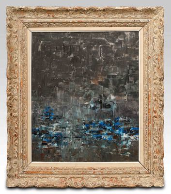 a painting of blue flowers in a gold frame on a white background