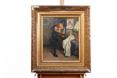 a picture of a painting on a easel with a painting on it