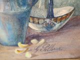 a painting of a vase and a bowl of flowers on a table