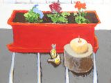 a painting of a red planter with flowers in it
