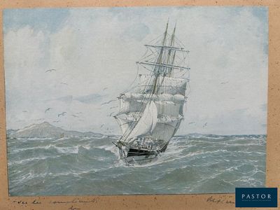 tableau représentant un voilier sur une mer agitée, avec des mouettes en arrière-plan