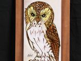 tableau représentant un hibou sur fond noir, dans un cadre en bois