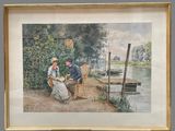 painting of a couple sitting on a bench by a lake