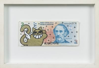 a white frame with a drawing of a cat and a snake on it