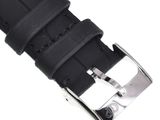 the strap is black and has silver buckles on it